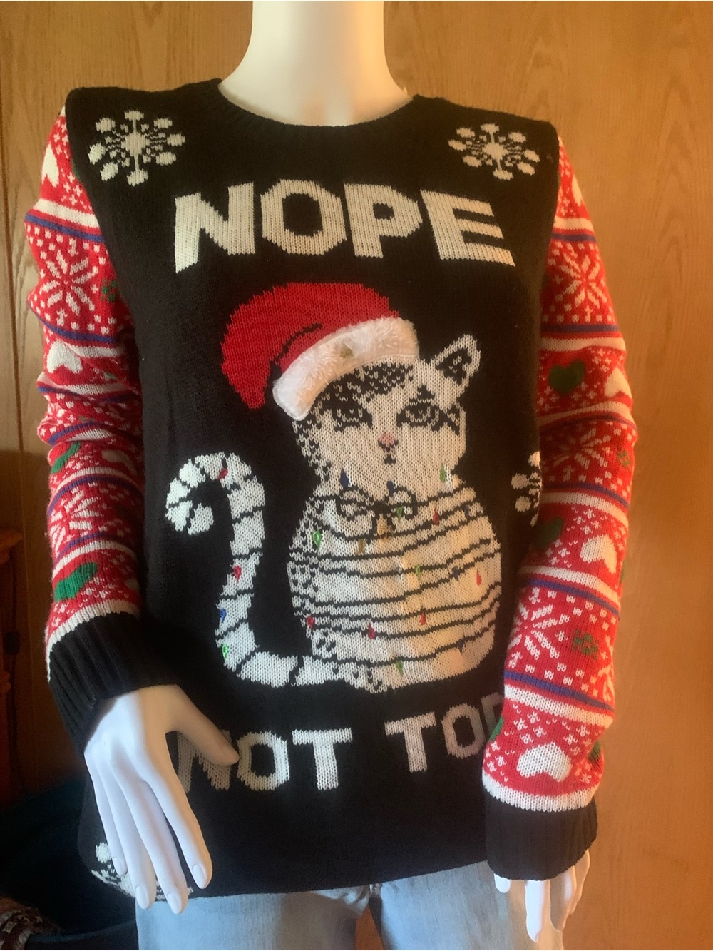 No Boundaries Black and Red Cat 'NOPE' tacky ugly Christmas Holiday Sweater